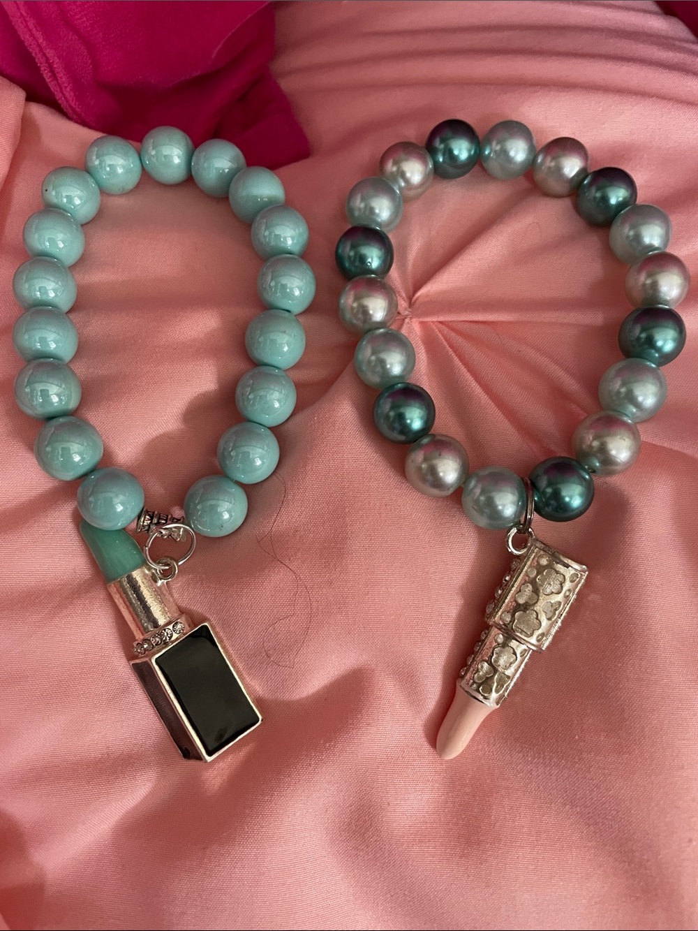 Turquoise Bead Lipstick Charm Bracelets - Aqua & Iridescent Gray